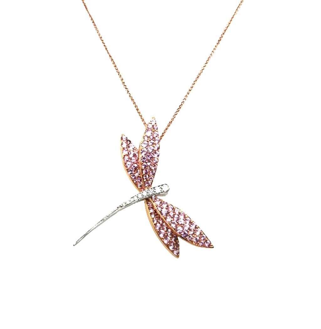 18kt Rose & White Gold Pink Sapphire and Diamond Dragonfly Pendant Necklace