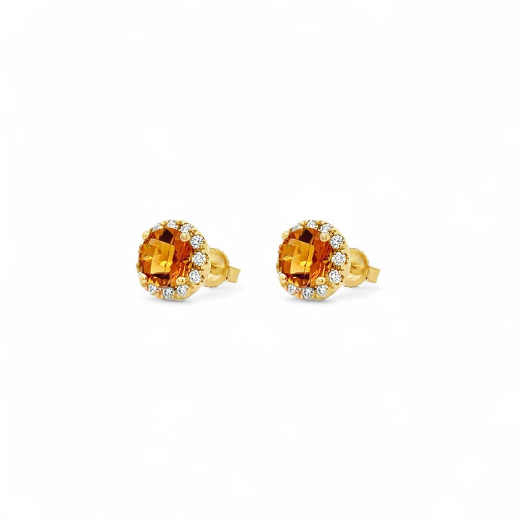 14 Kt Yellow Gold Citrine and Diamond Round Halo Stud Earrings 