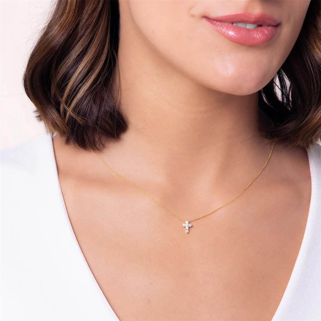 18K Yellow Gold Large Baby Cross Diamond Pendant Necklace | 0.20ct