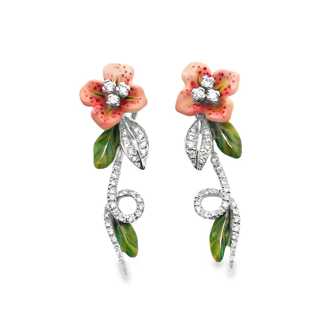 18kt White Gold Enameled Diamond Flower Omega Clip-Back Fashion Earrings