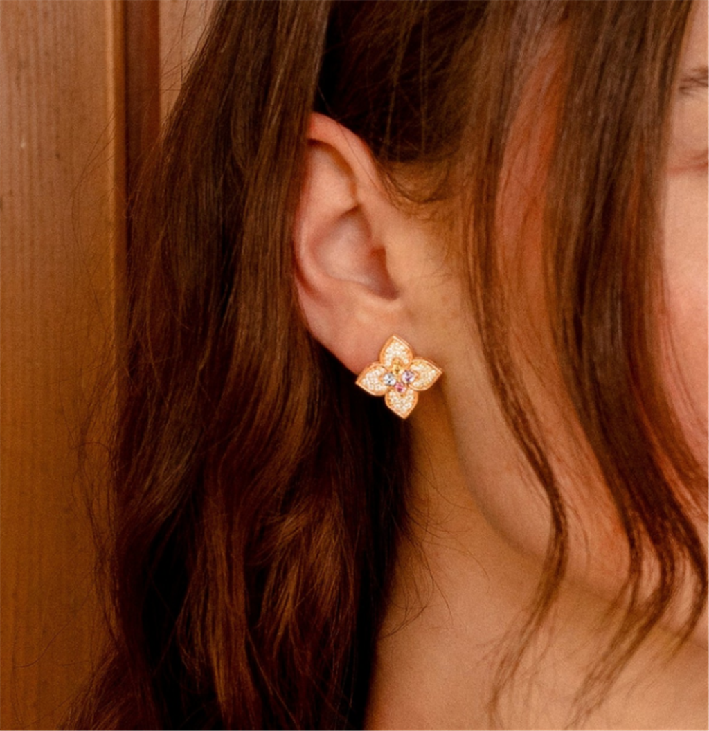 18KT Yellow Gold Carnival Diamond & Colored Stone Flower Earrings