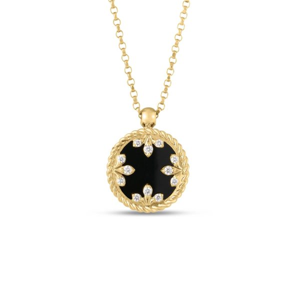 18KT Yellow Gold 12mm Venetian Medallions Small Diamond & Black Jade Necklace