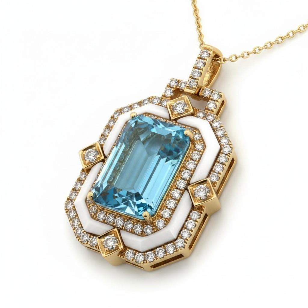 18kt Yellow Gold White Agate & Diamond Framed Blue Topaz Pendant