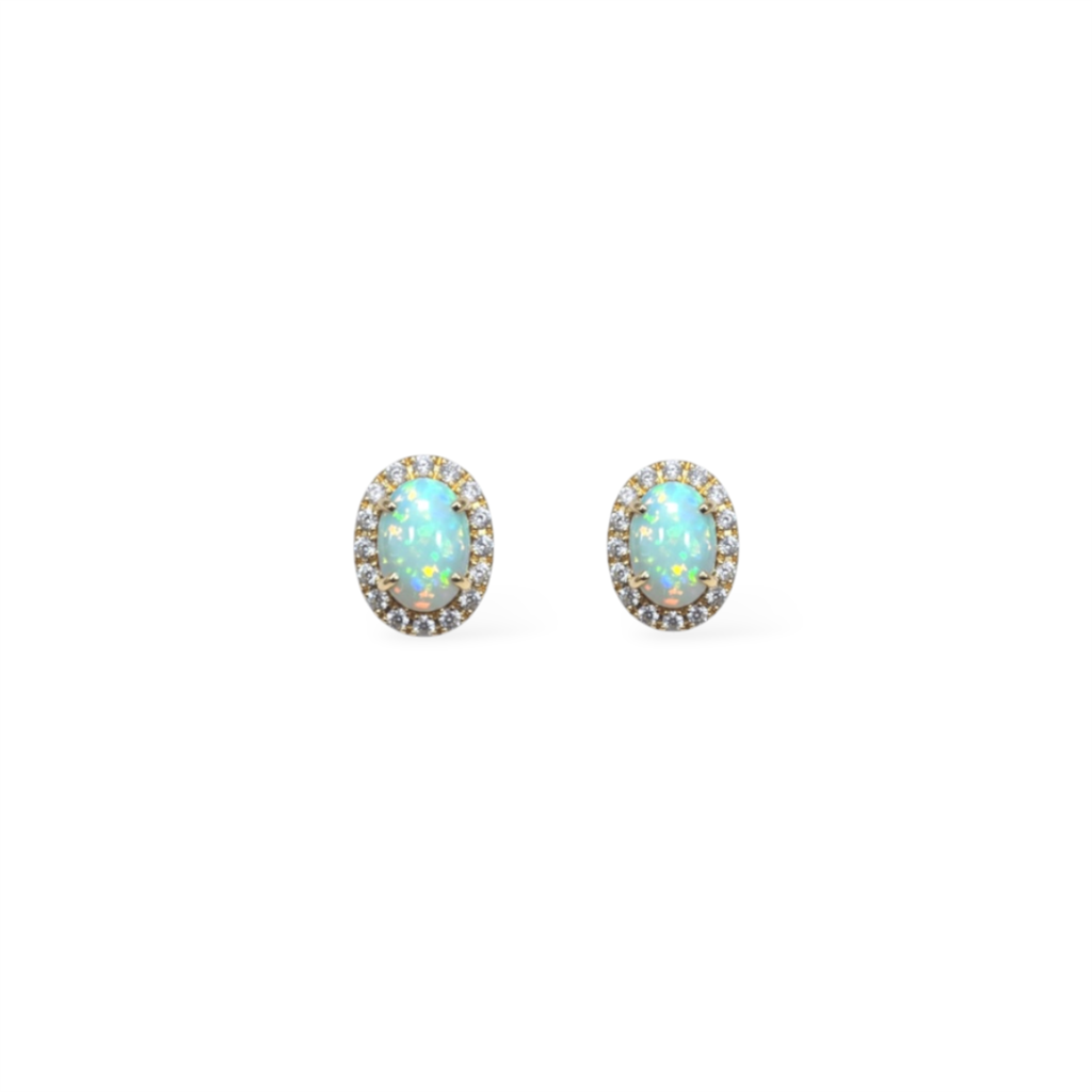 14KT Yellow Gold Diamond And Opal Halo Earrings