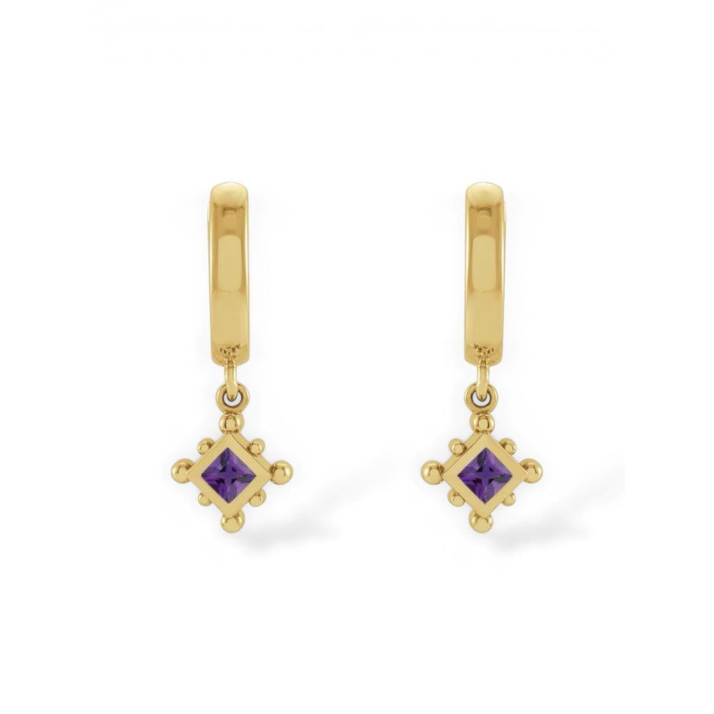 14 Kt Yellow Gold Amethyst Beaded Bezel-Set Hoop Earrings