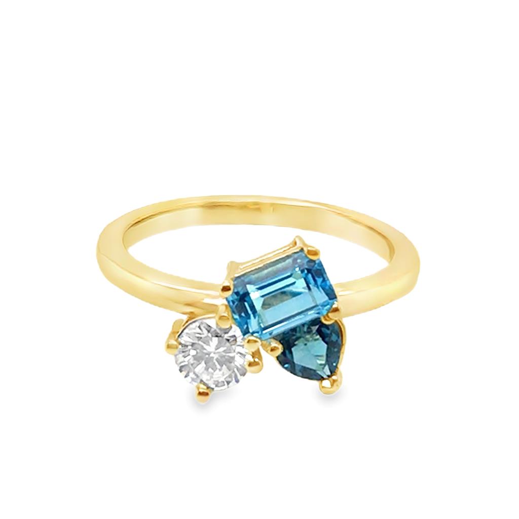 14Kt Yellow Gold Three-Stone Blue Topaz & Diamond Fashion Ring
