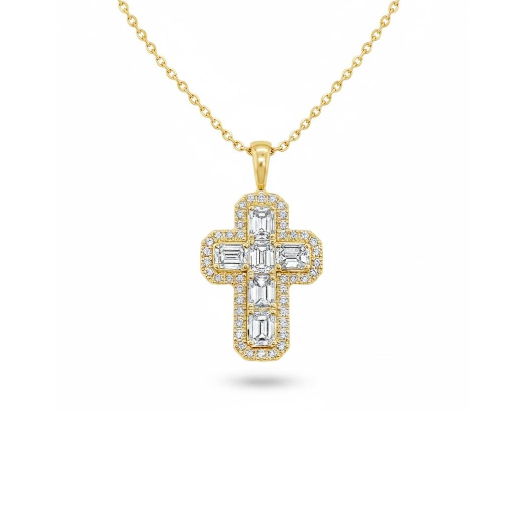 14K Yellow Gold Emerald Cut Diamond Halo Cross Pendant