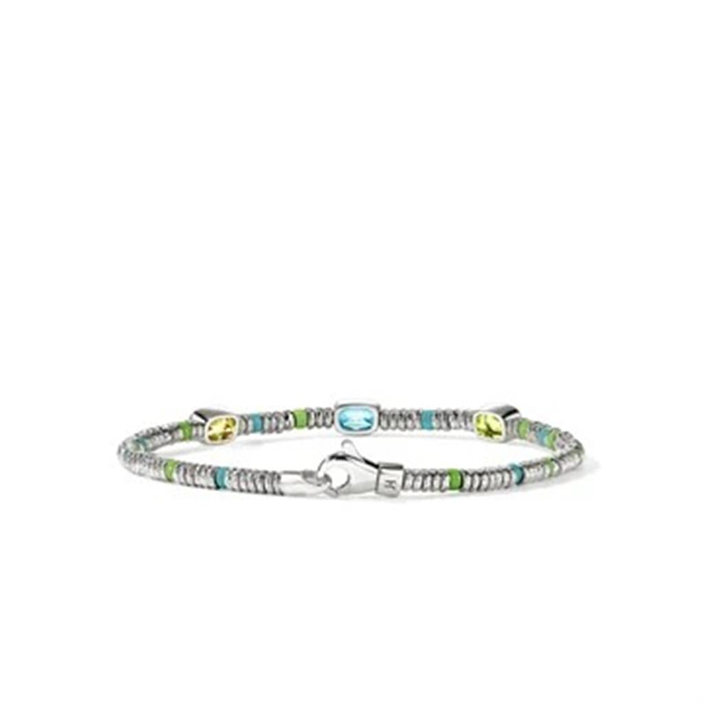 Sterling Silver 2.5mm Heishi Beaded Bracelet with Peridot, Sky Blue Topaz, Lemon Quartz & Enamel