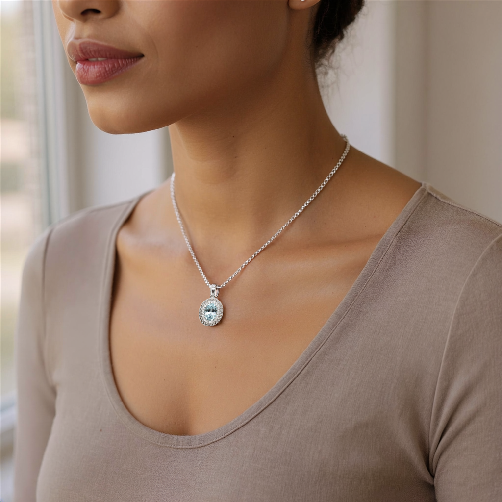 14K White Gold LeVian Aqua & Chocolate Vanilla Diamond Halo Pendant Necklace