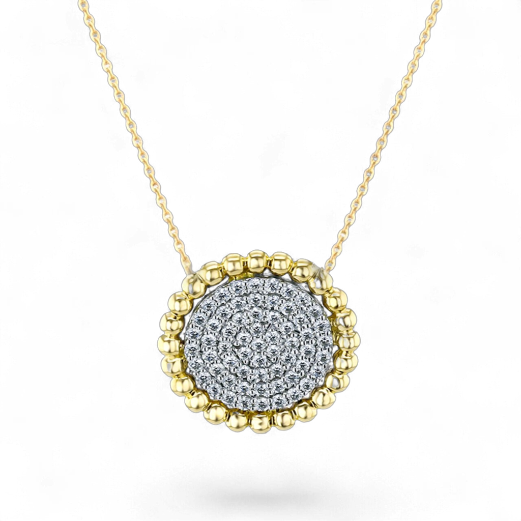14kt Two-Tone Beaded Edge Diamond Disc Pendant Necklace