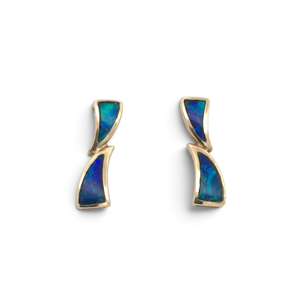14KT Yellow Gold Blue Opal Inlay Earrings