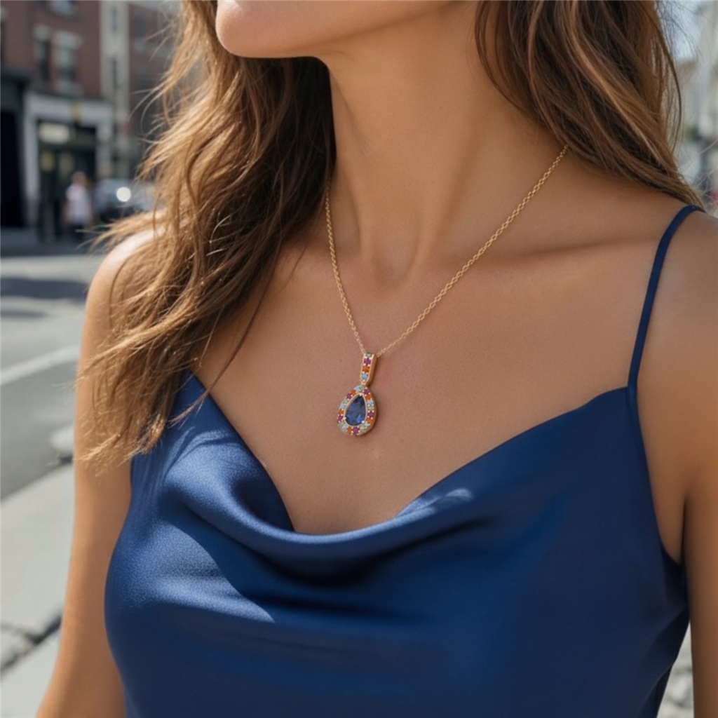 14KT Yellow Gold Multicolor Gemstone Pear Halo Pendant Necklace