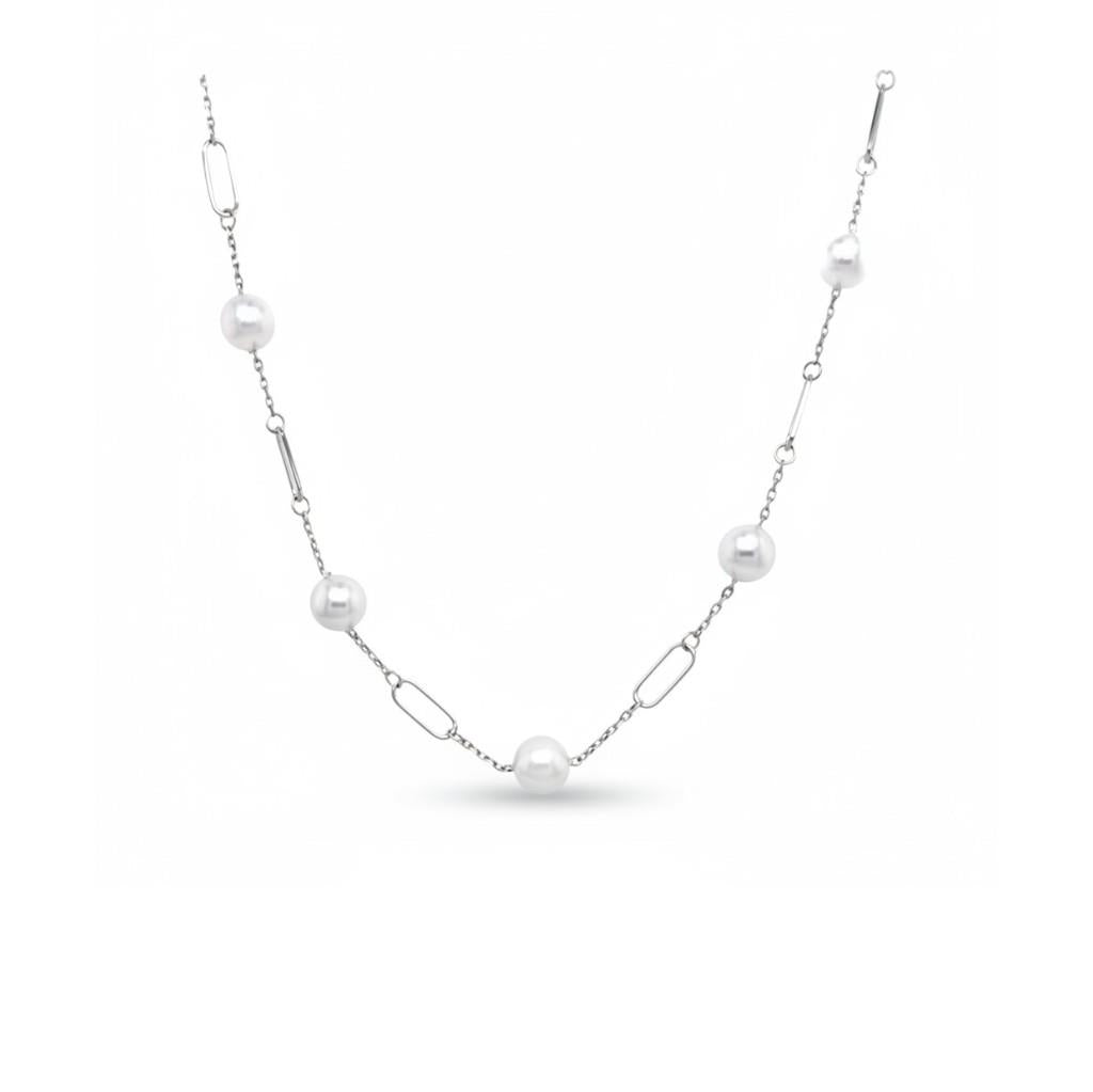 14K White Gold Paperclip & Cable Cultured Pearl Station Necklace | 21"