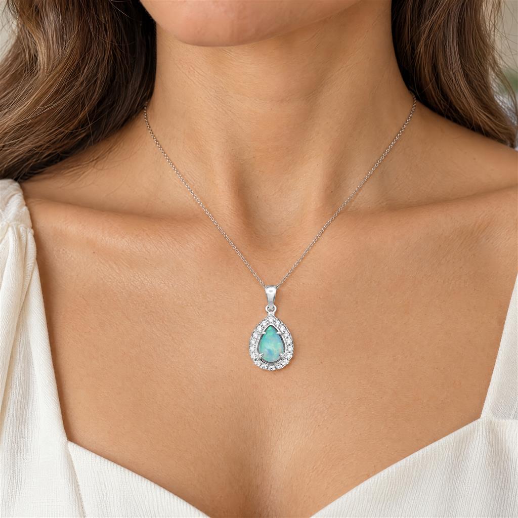 14KT White Gold Pear Opal & Diamond Halo Pendant