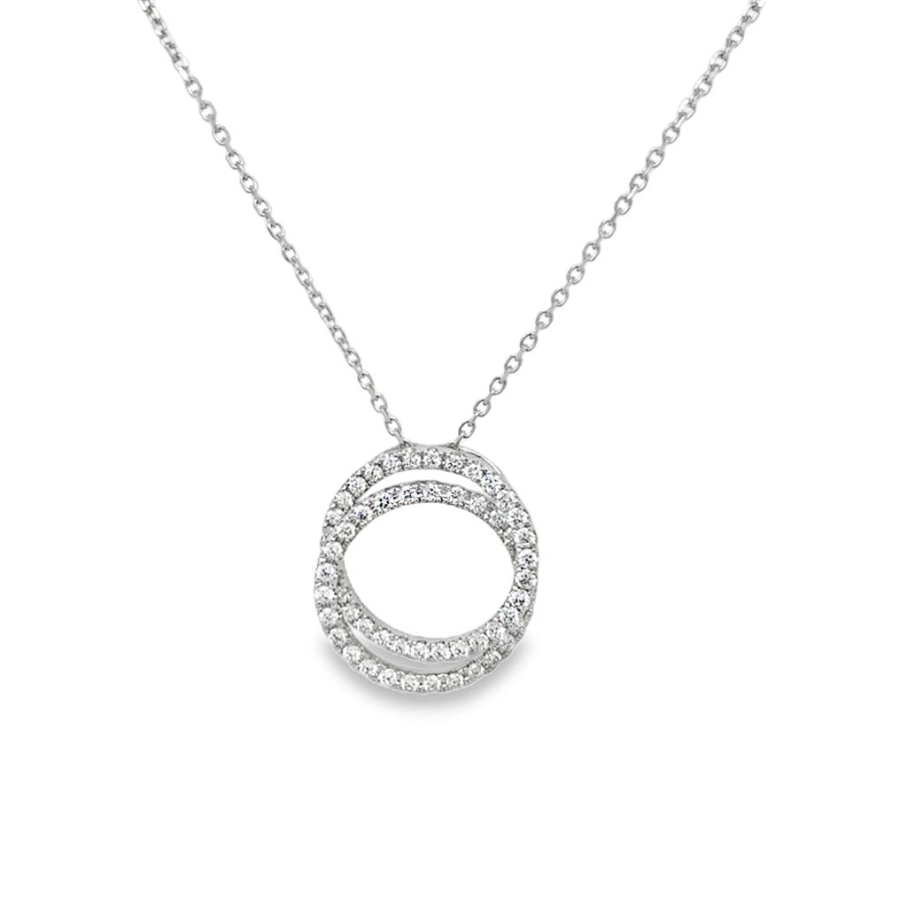 14K White Gold Double Circle Diamond Pendant Necklace