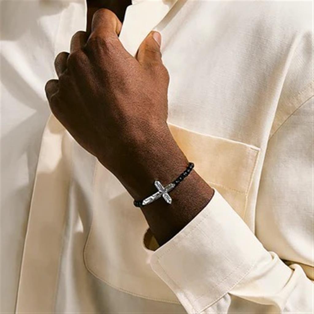 Icon 50 Cross Bracelet | Sterling Silver & Black Onyx 4mm Beads - M