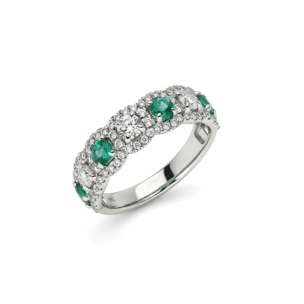18KT White Gold Diamond & Emerald Alternating 7-Stone Halo Ring