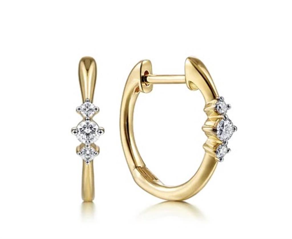 14kt Yellow Gold 3-Stone Huggie Diamond Hoop Earrings