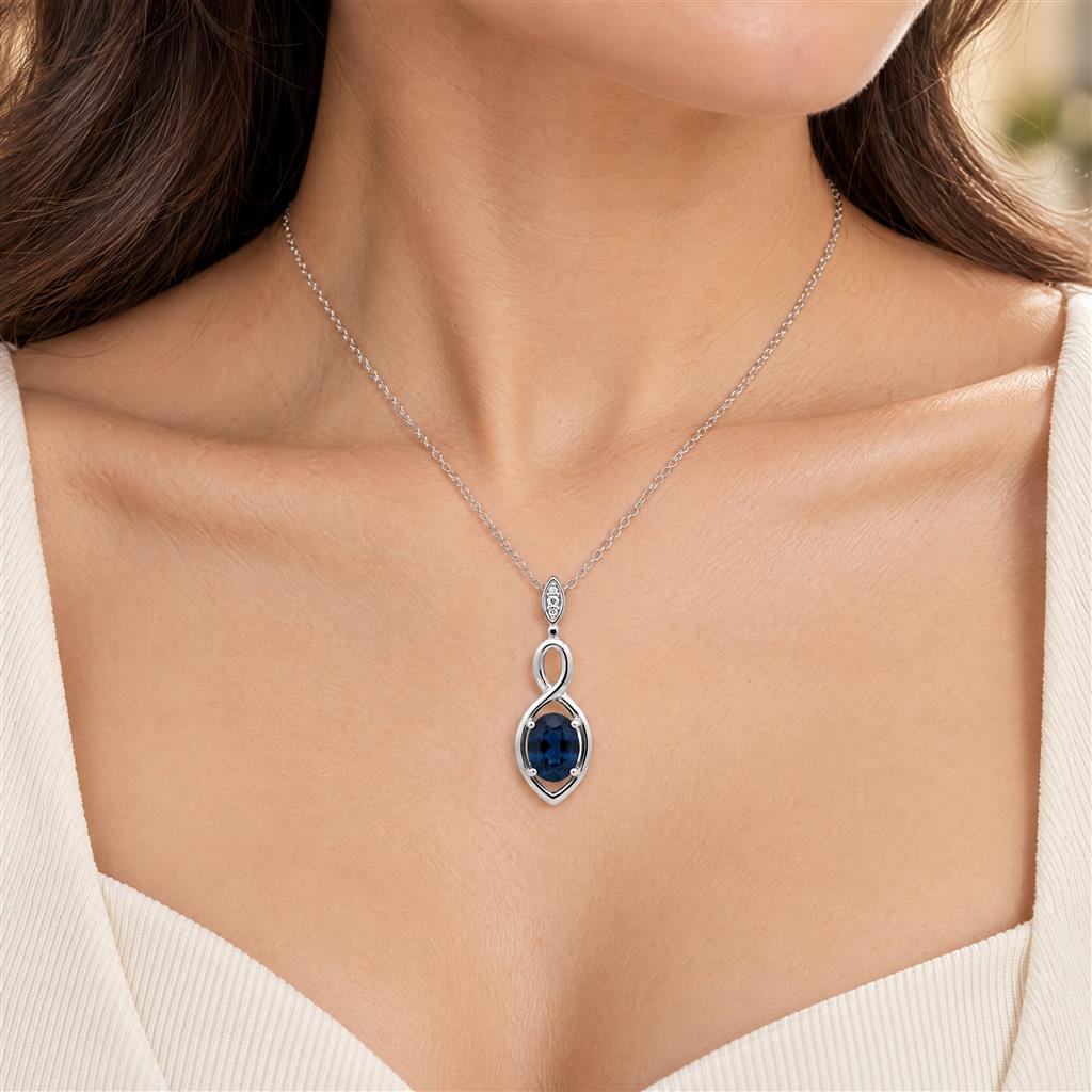 14KT White Gold Oval Blue Sapphire & Diamond Pendant