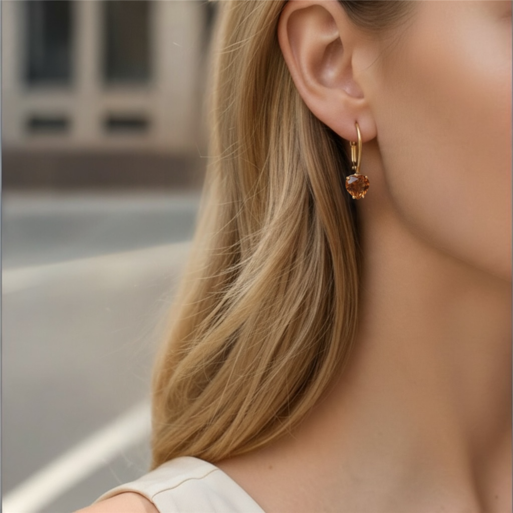 14KT Yellow Gold Heart-Shaped Citrine Leverback Earrings