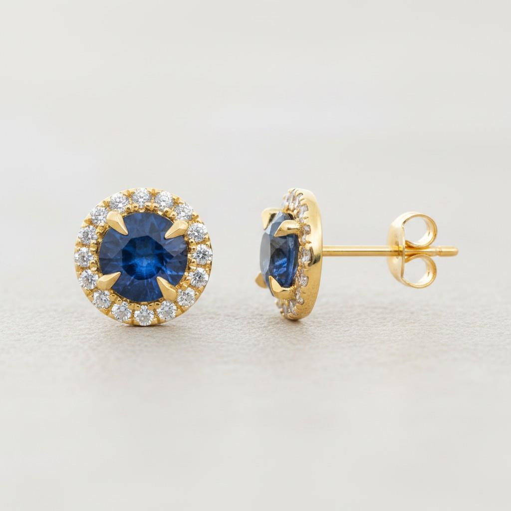 14KT Yellow Gold Sapphire & Diamond Halo Stud Earrings – 1.28ct