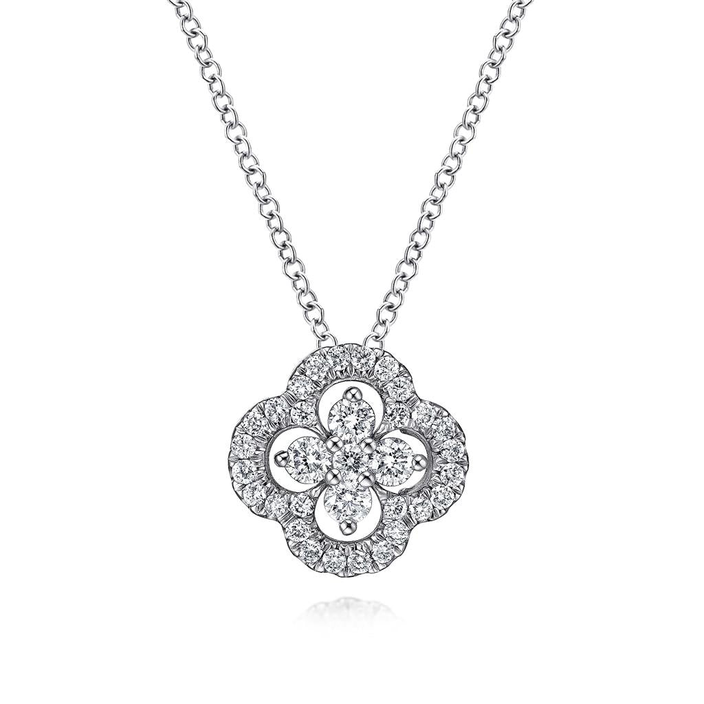 14Kt White Gold Open Clover Diamond Pendant Necklace