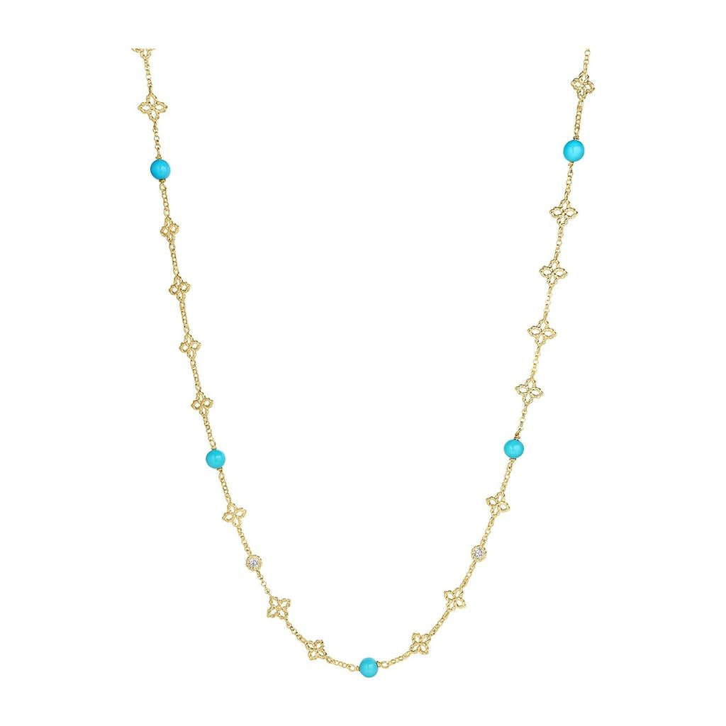 18K Yellow Gold Roberto Coin Turquoise & Diamond Princess Flower Station Necklace