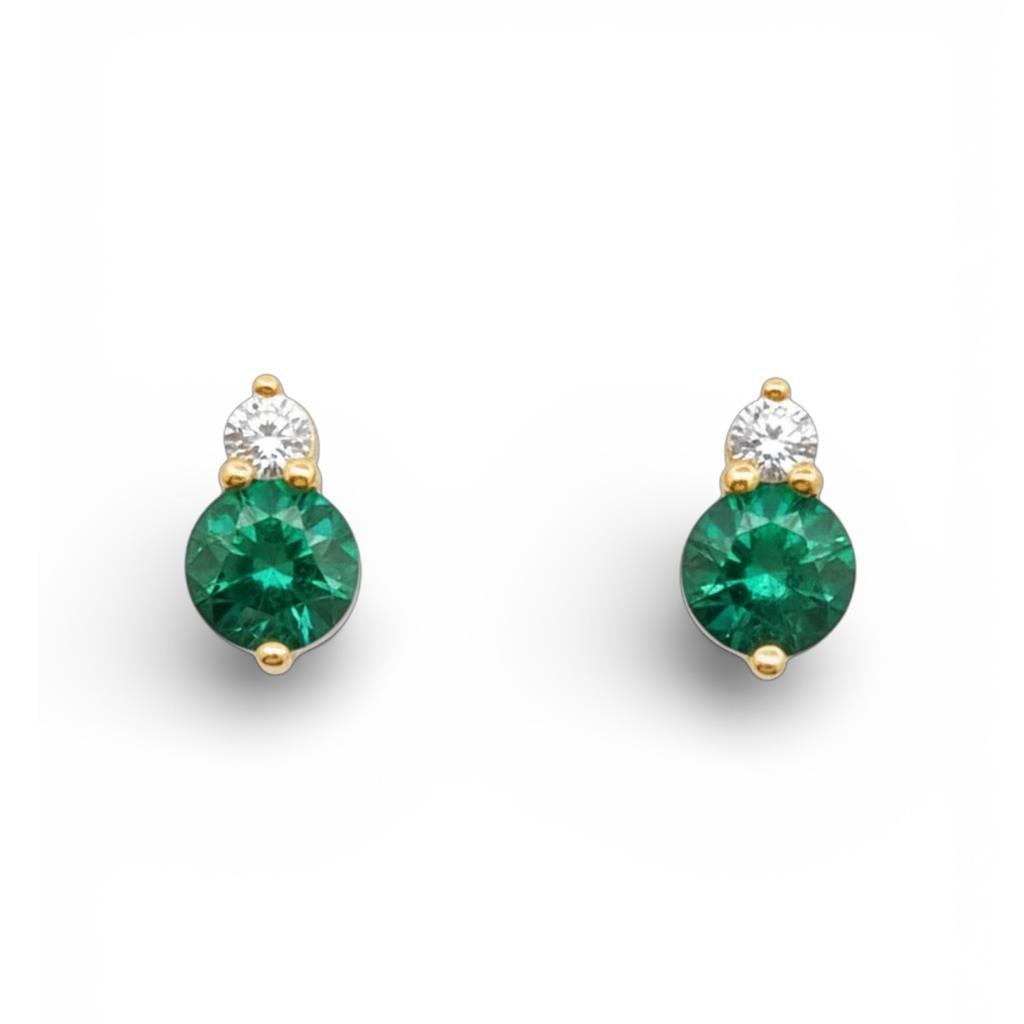 14KT Yellow Gold Emerald & Diamond Stud Earrings