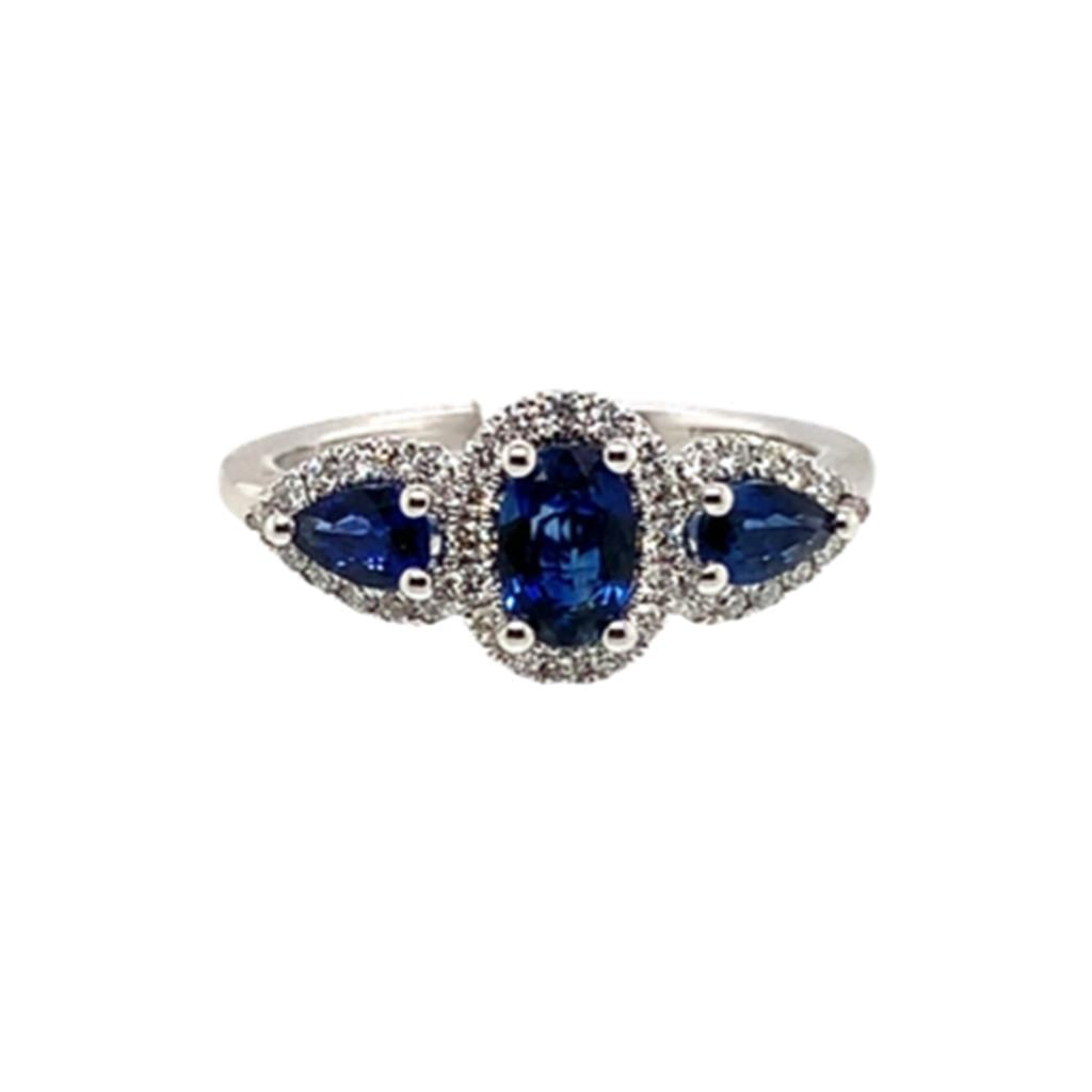 14KT White Gold Diamond & Sapphire 3 Stone Halo Ring