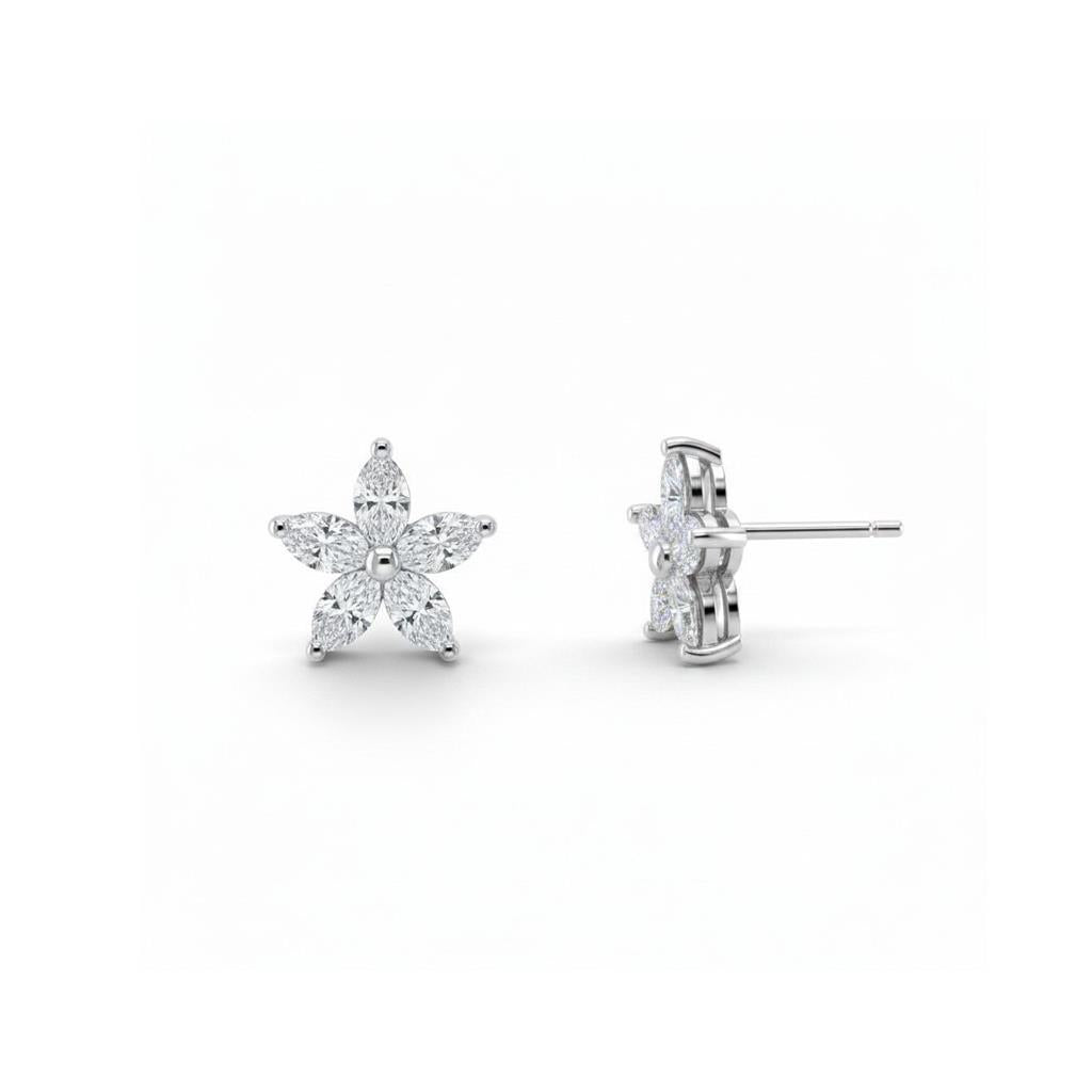 18kt White Gold Marquise Diamond Flower Stud Earrings