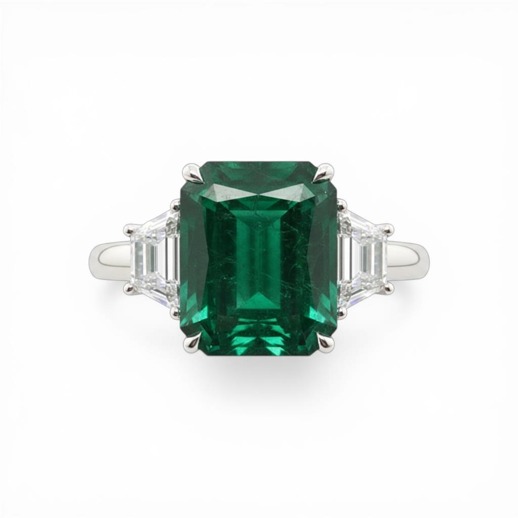 Platinum 3 Stone Emerald And Diamond Fashion Ring