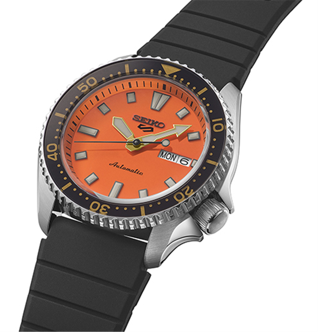 Seiko 5 Sports Stainless Steel Orange Index Dial SKX Series Watch - closer view