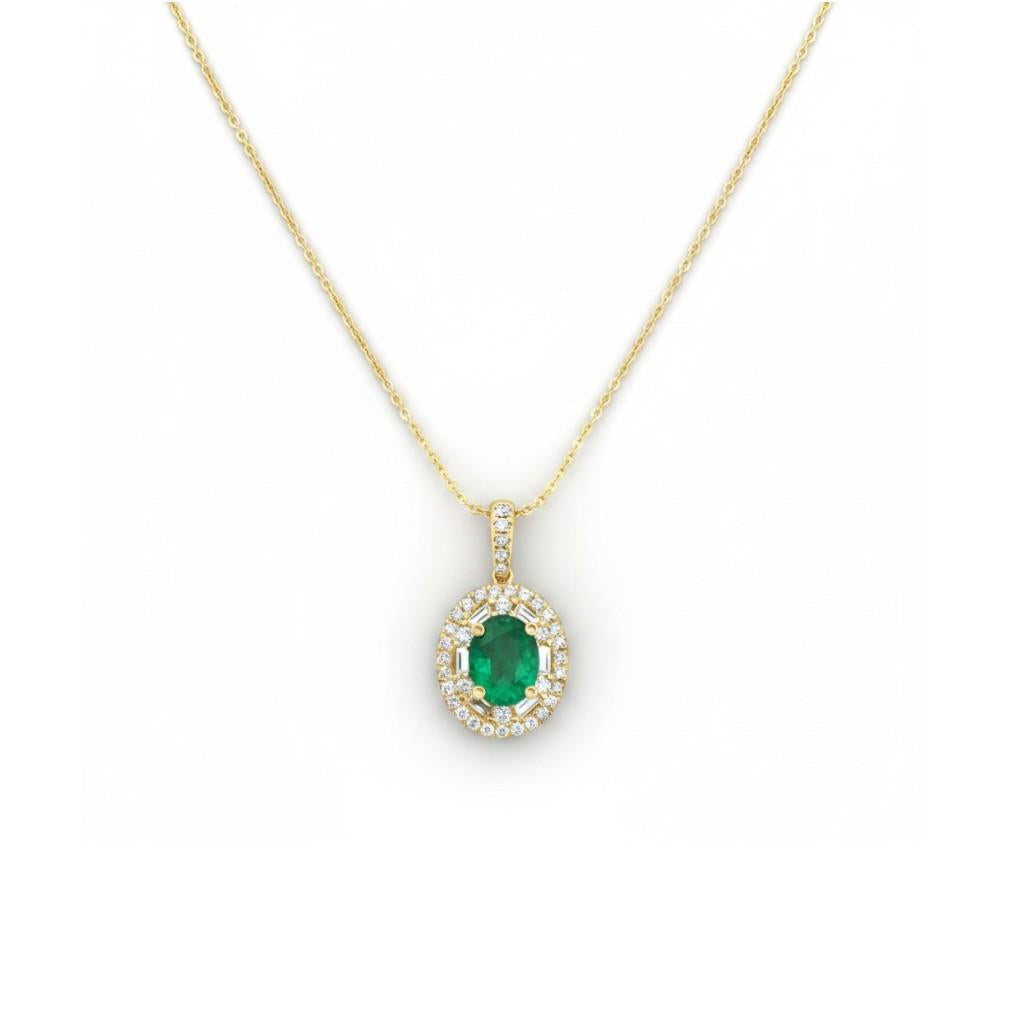 18K Yellow Gold Emerald & Diamond Oval Double Halo Pendant | 1.46 CTW