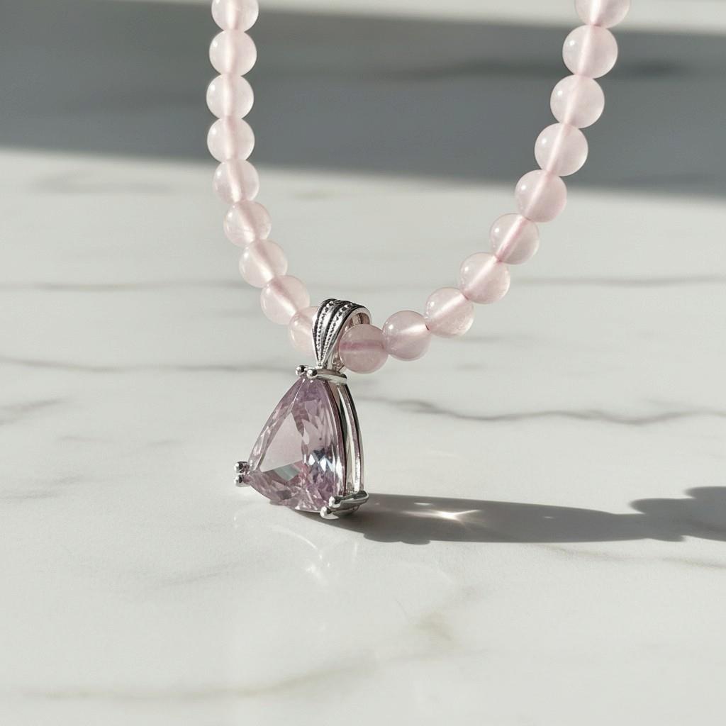 14KT & 18KT White Gold Pink Quartz & Kunzite Pendant Necklace 
