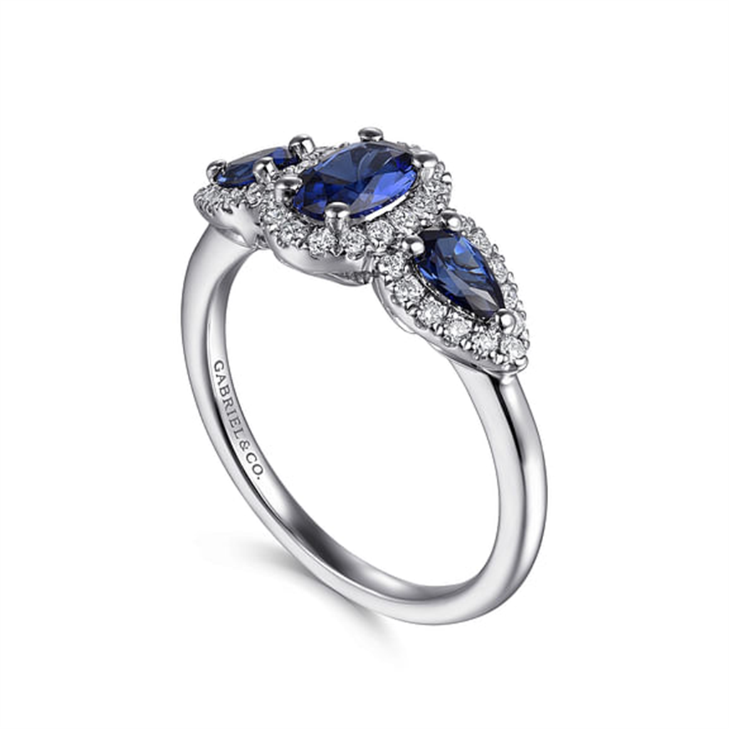 14KT White Gold Diamond & Sapphire 3 Stone Halo Ring