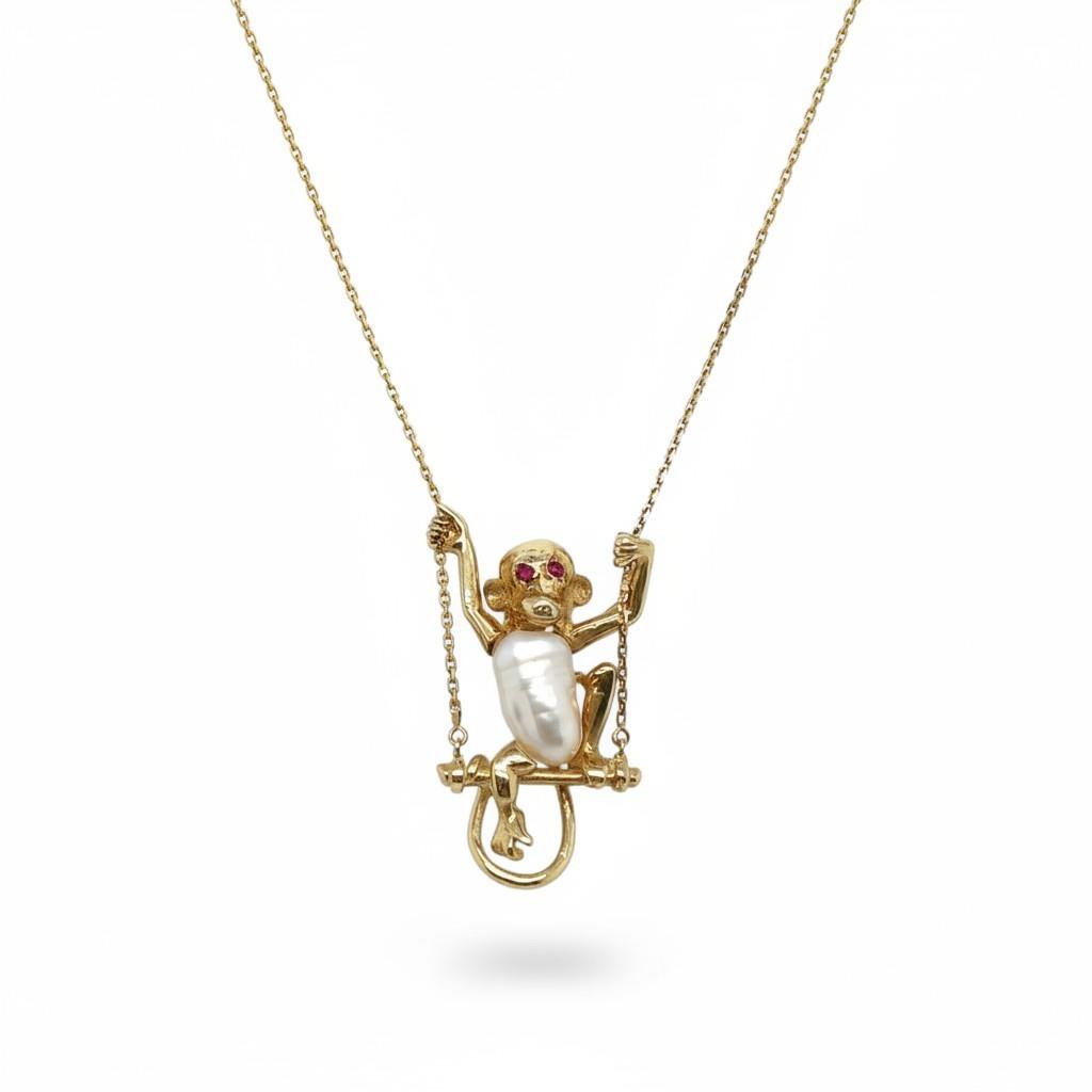 14K Yellow Gold Monkey Necklace with Baroque Pearl & Ruby Eyes | 17"