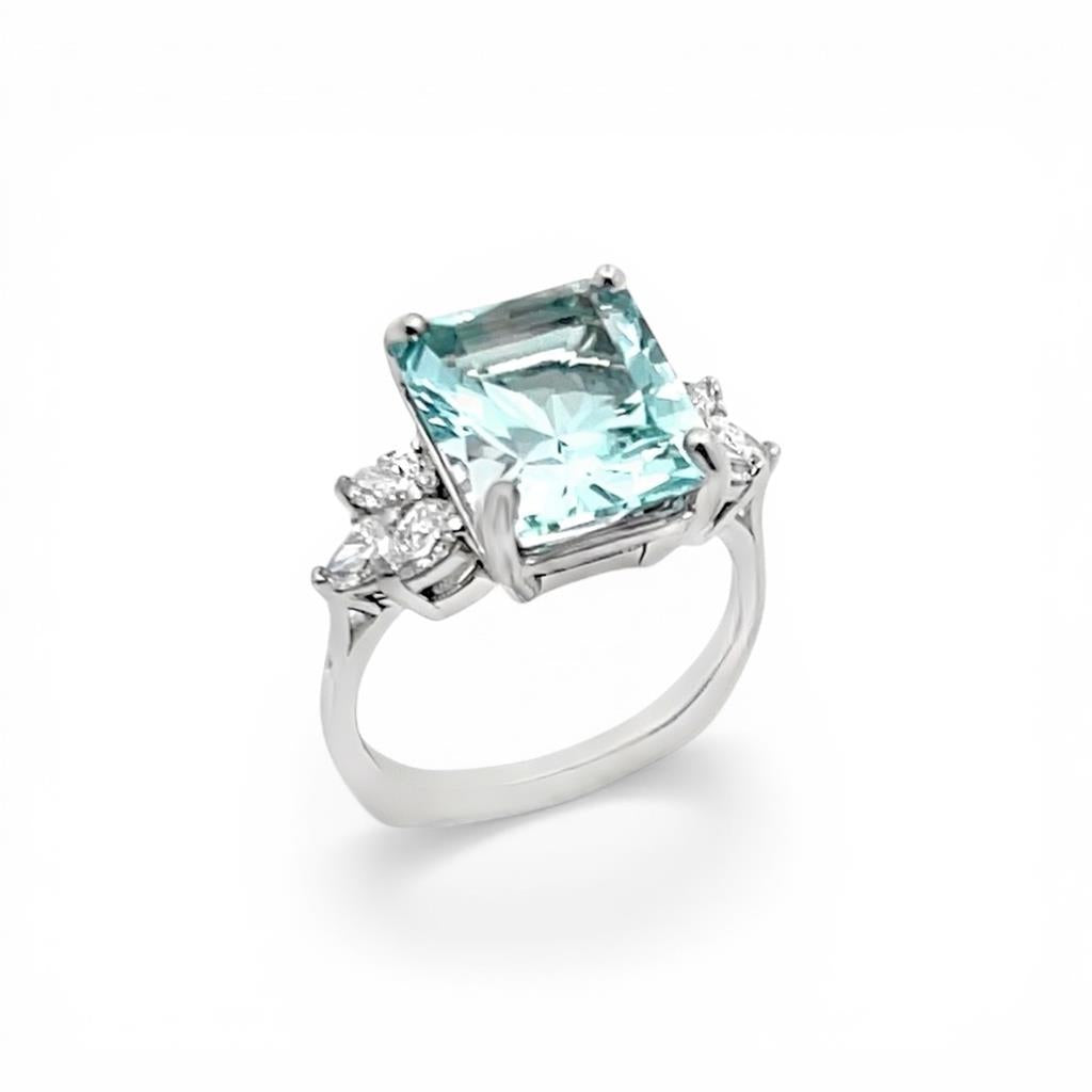 14KT White Gold Aquamarine And Diamond Euro Shank Ring