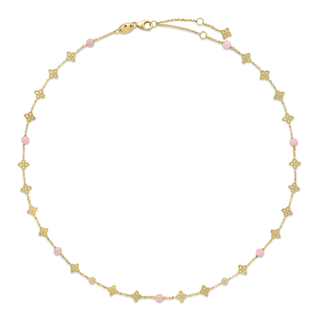 18KT Yellow Gold Princess Flower Pink Opal & Diamond Station Necklace