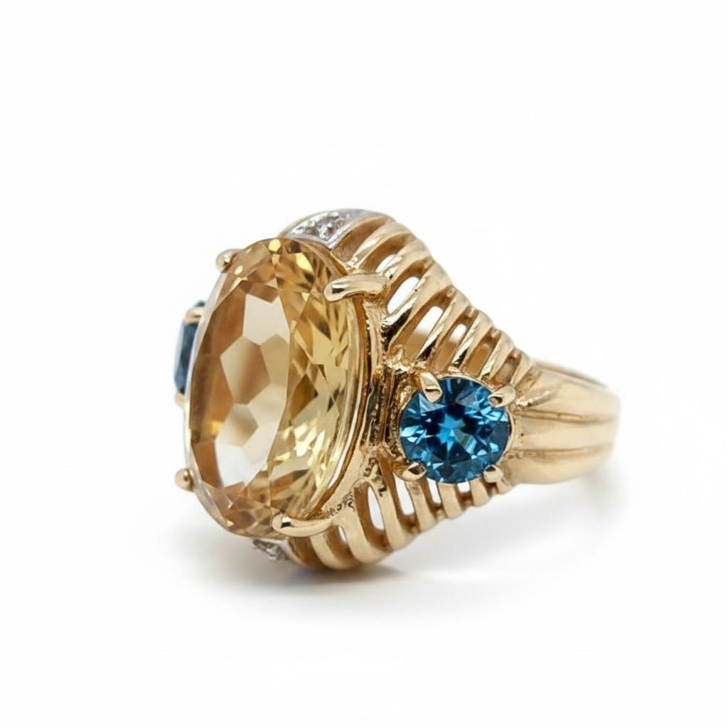 10kt Yellow Gold Vintage Citrine & Blue Topaz Ring – Size 6