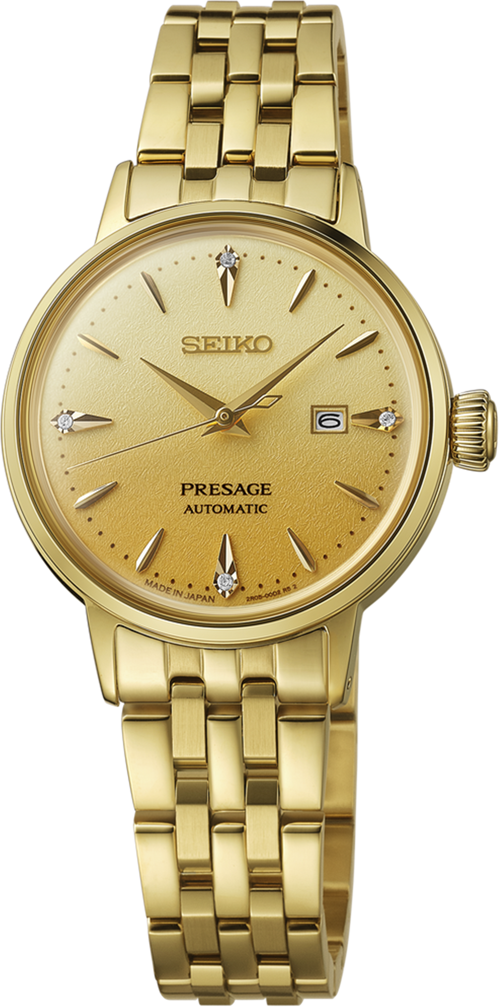 Seiko Presage Cocktail Time Stainless Steel Gold Dial Diamond Automatic Watch – Model SRE018