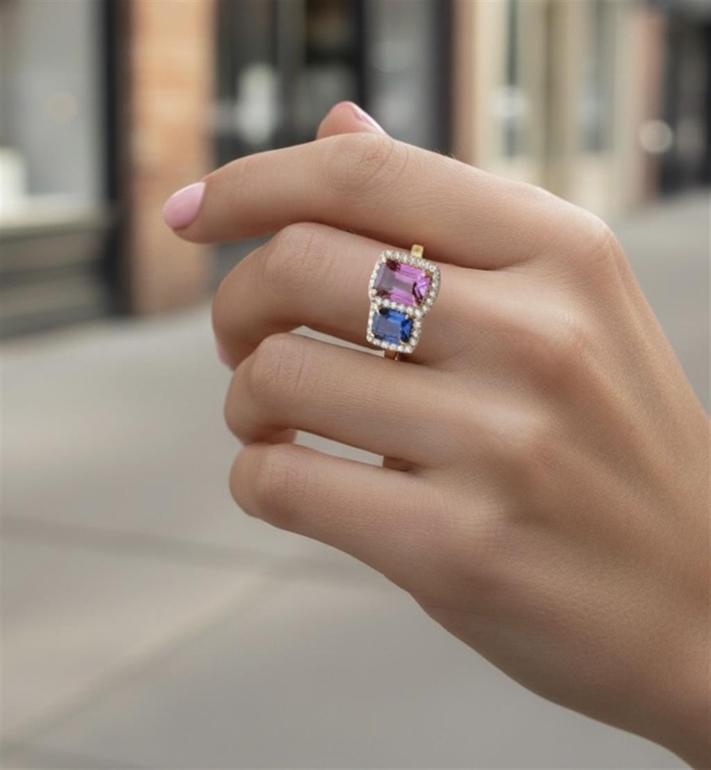 14KT Yellow Gold Watermelon Tourmaline And Tanzanite Toi Et Moi Ring