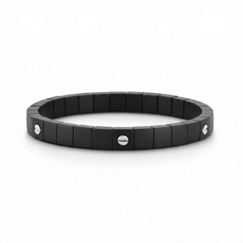 Scacco Black Ceramic & 18KT White Gold Screw Station Stretch Bracelet