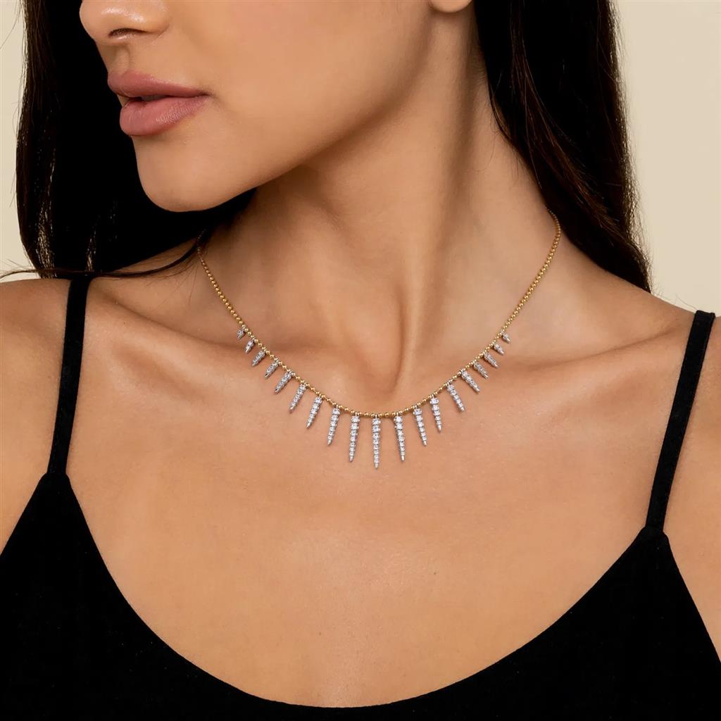 14K White Yellow Gold Bead Chain Bujukan Punk and Diamond Spike Droplet Necklace
