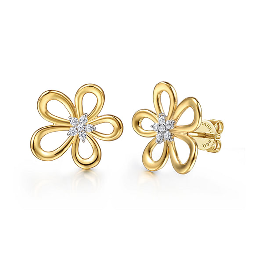 14KT Two-Tone Diamond Floral Stud Earrings