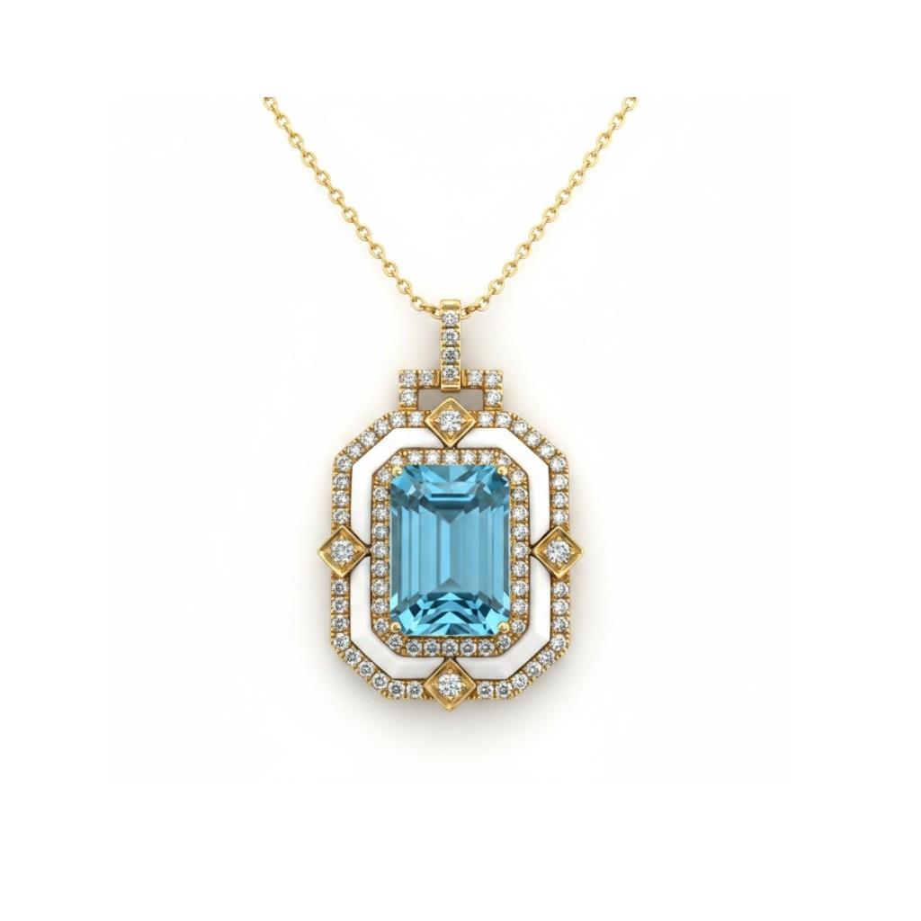 18kt Yellow Gold White Agate & Diamond Framed Blue Topaz Pendant