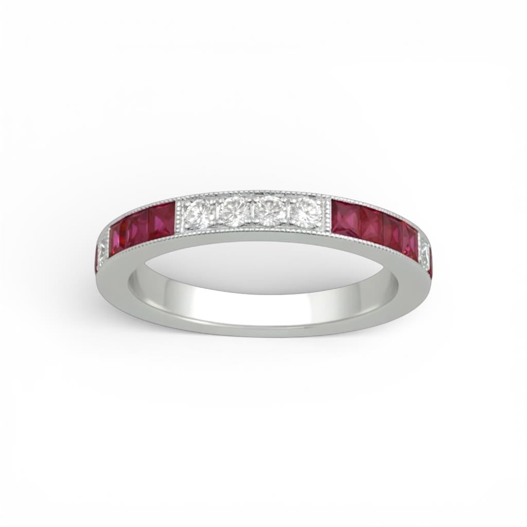 18kt White Gold Milgrain Engraved Ruby & Diamond Eternity Ring