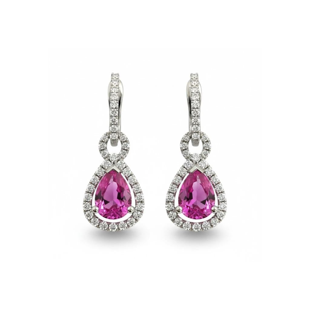 14kt White Gold Pink Sapphire & Diamond Halo Dangle Earrings