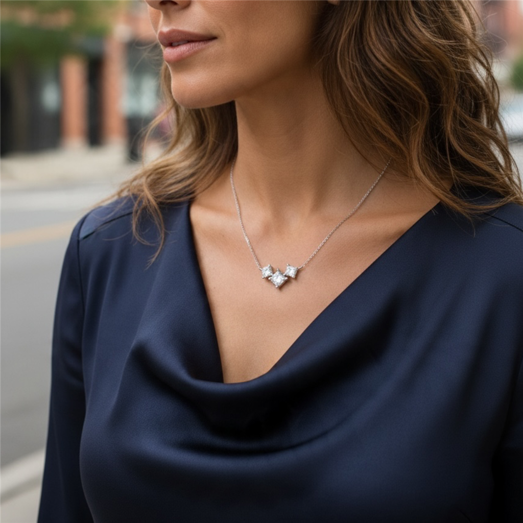 14KT White Gold Three-Stone Princess-Cut Diamond Necklace