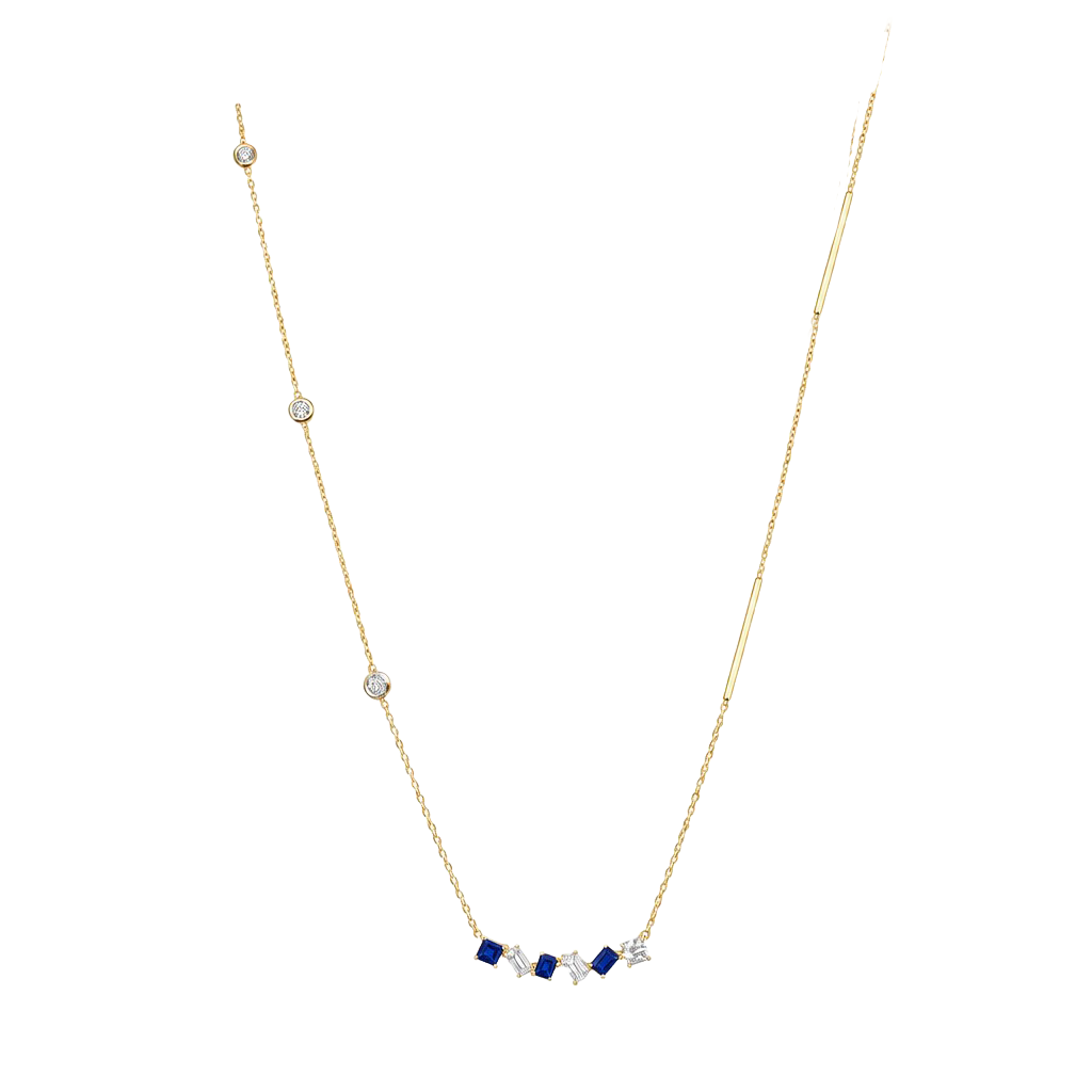 14KT Two Tone Sapphire and Diamond Cluster Bar Necklace