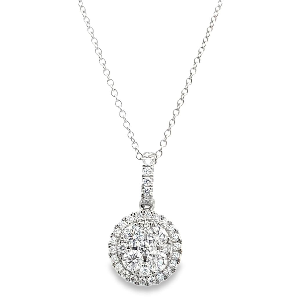 14K White Gold Cluster Diamond Halo Pendant Necklace